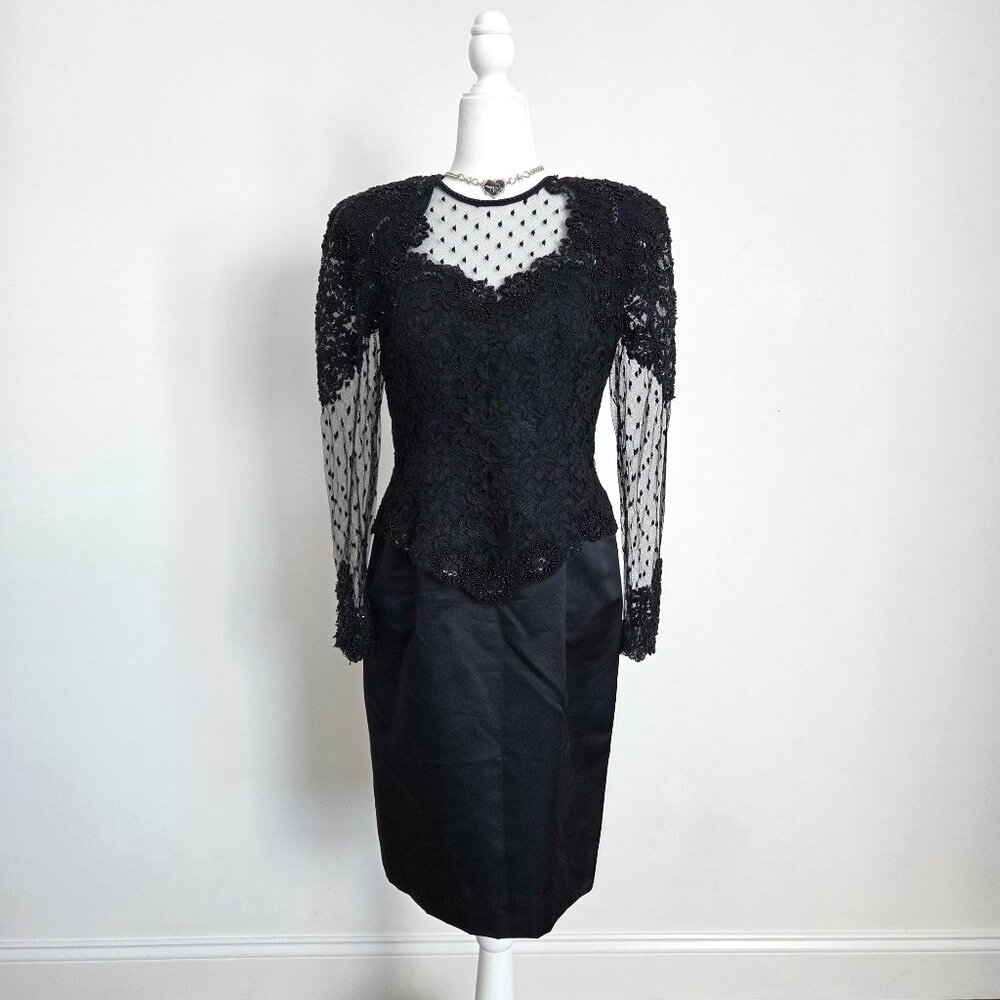 Vintage Gothic Black Lace Mesh Dress Medium Victorian Whimsigoth Formal Silk 80s